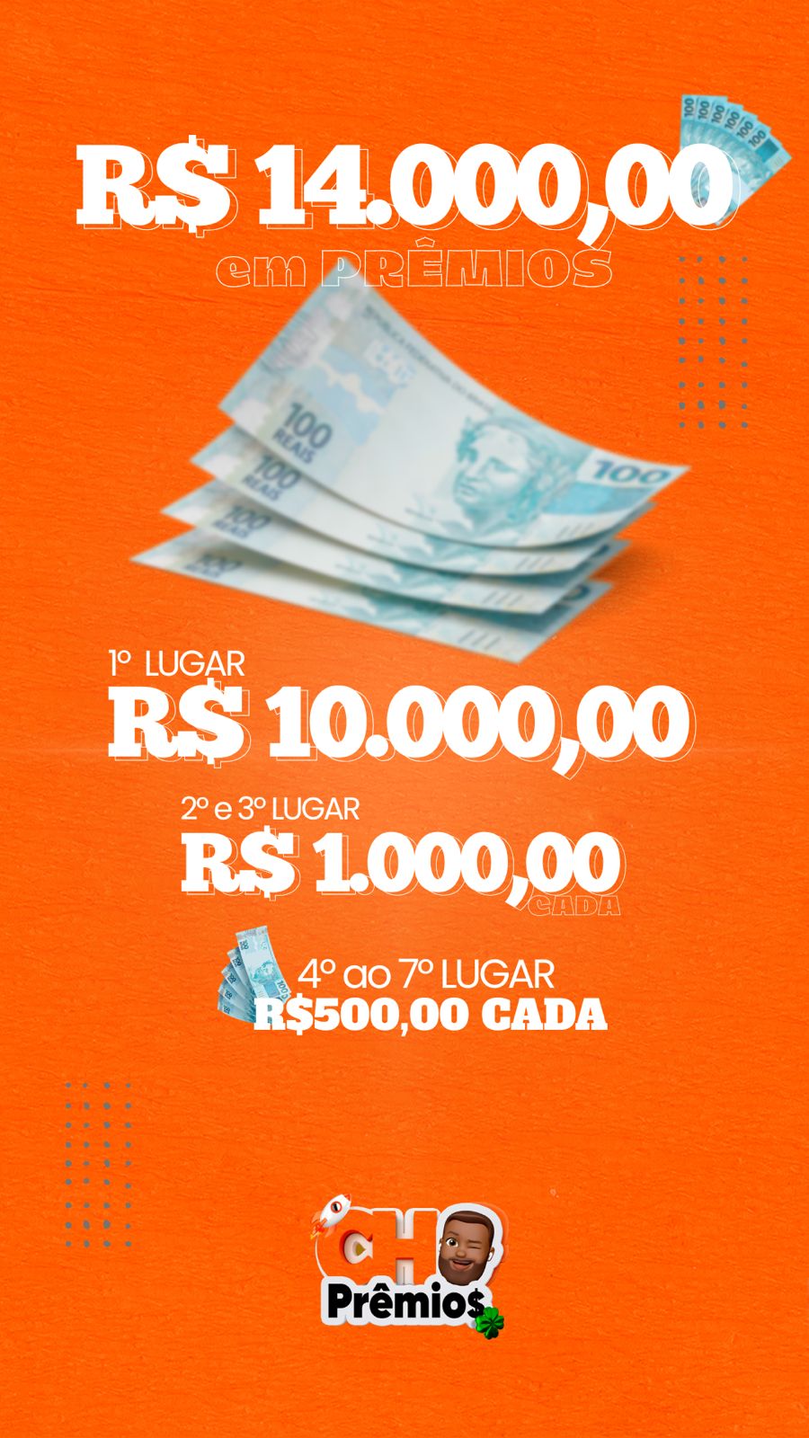 1 Pix de R$10.000,00 + 2 Pix de R$1.000,00 + 4 Pix de R$500,00